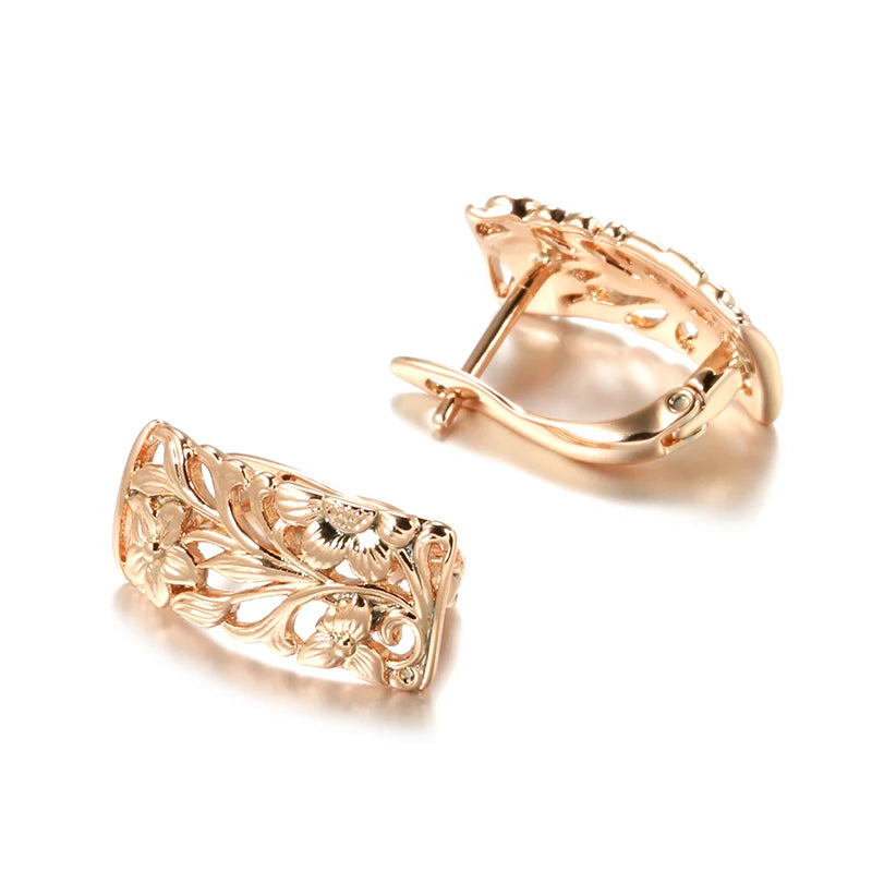 Vintage 585 Rose Gold Women Earrings Ring Sets Boho Hollow Flower Cilp Earrings Ring Elegant Ethnic Wedding Jewelry Sets