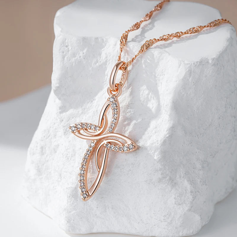 Luxury 585 Rose Gold Color Cross Pendant Necklace for Women Men Orthodox Charm Daily Fine Jewelry