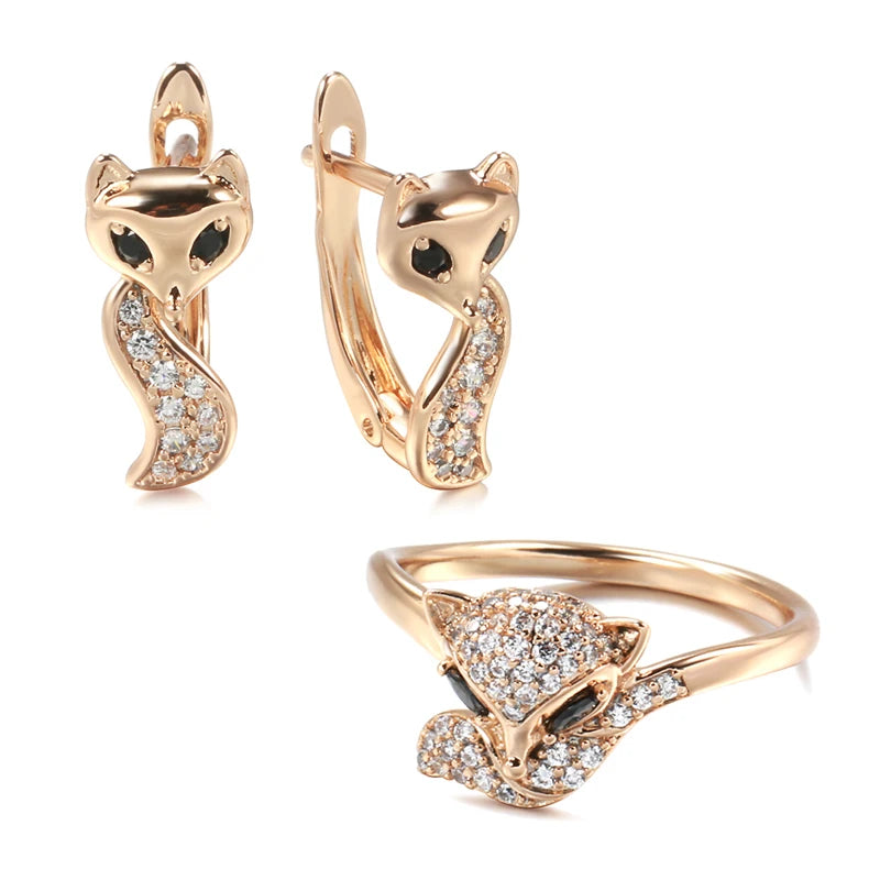FOX Earrings Ring Sets for Women Fashion 585 Rose Gold Color Natural Zircon Accessories Animal Child Jewelry Sets