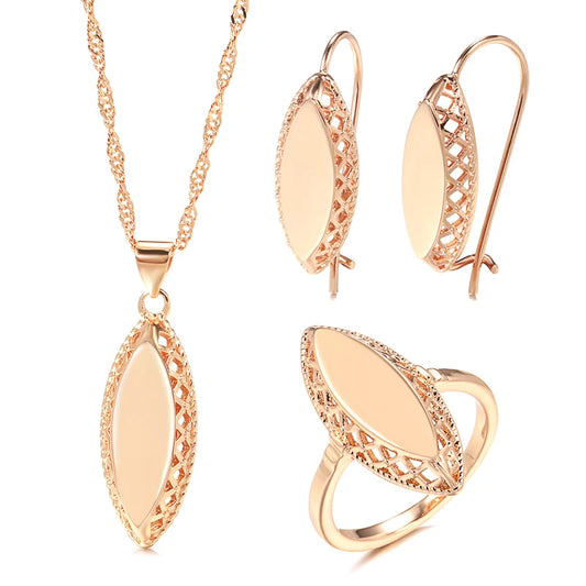 Classy Sets of Weaving Rhombus Necklace Earrings Ring for Women 585 Rose Gold Jewelry