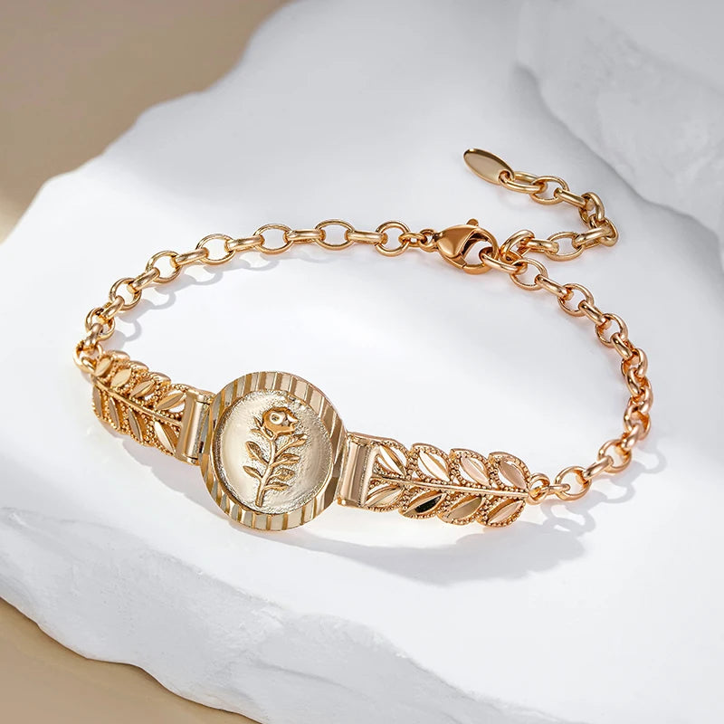Elegance 585 Rose Gold Color Ethnic Flower Bracelet for Women Fashion Glossy Metal Fine Jewelry