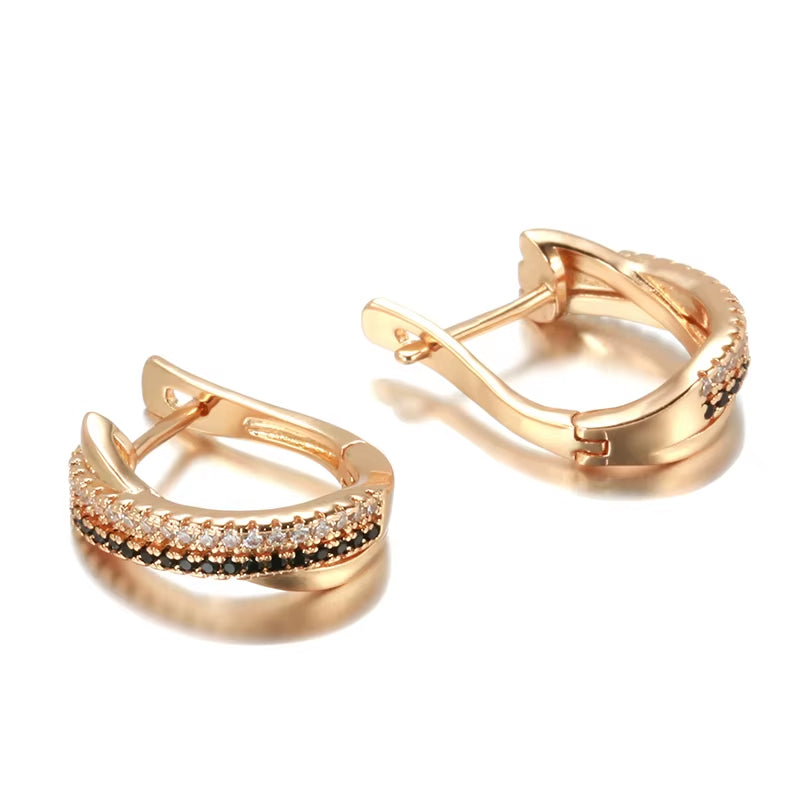 Elegant Black & White Sets 585 Rose Gold Ring Earrings Natural Zircon Cross Geometry Rings for Women Vintage Jewelry Sets