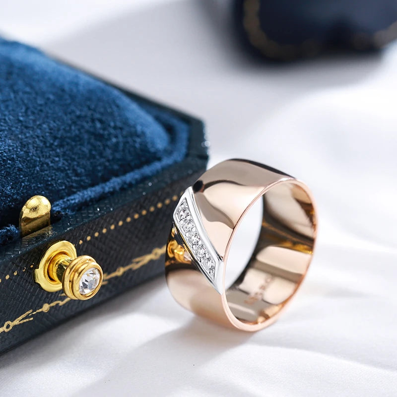 Luxury Natural Zircon 9Mm Width Rings for Women 585 Rose Gold Silver Color Mix Setting Design Daily  Jewelry