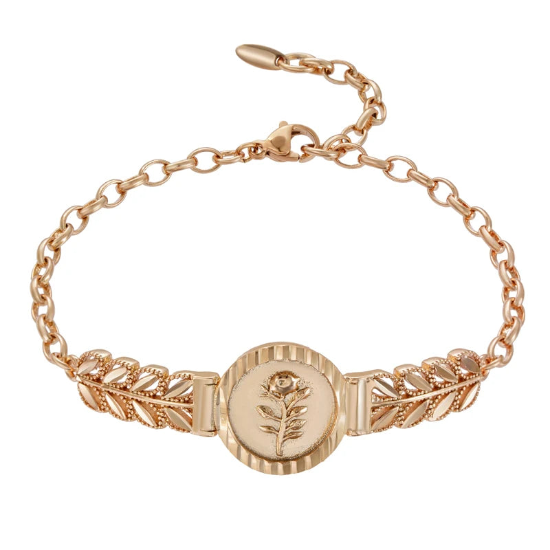 Elegance 585 Rose Gold Color Ethnic Flower Bracelet for Women Fashion Glossy Metal Fine Jewelry