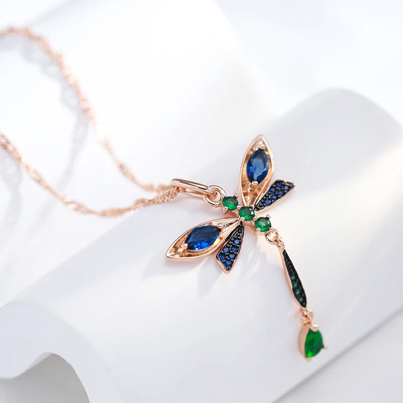Dragonfly Pendant Necklace for Women 585 Rose Gold and Black Plating Vintage Daily Fine Jewelry
