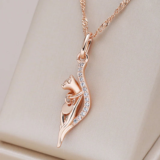 Big Cat Pendant Necklace for Women Fashion 585 Rose Gold Color Animal Pendant Vintage Daily Party Jewelry