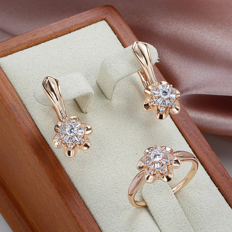  Crystal Flower 585 Rose Gold Women Earrings Ring Sets Natural Zircon Earrings Trend Unusual Creative  Jewelry