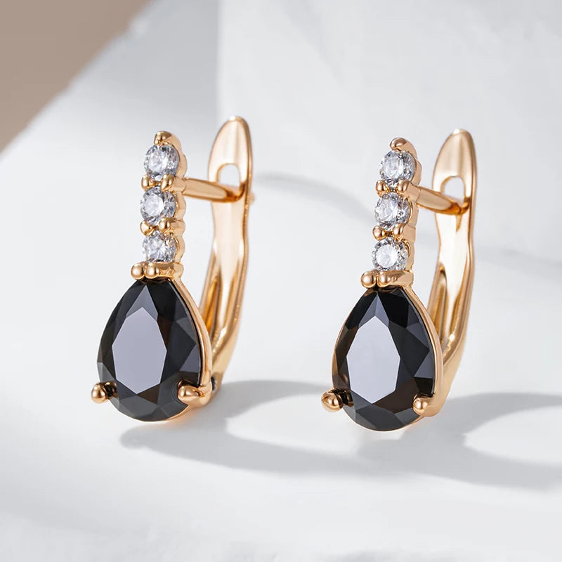 Black Water Drop Natural Zircon English Earrings for Women Trendy 585 Rose Gold Color Bride Wedding Fine Jewelry