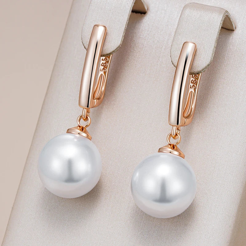 Simple 10Mm 12Mm 16Mm Pearl Drop Earrings for Women Luxury 585 Rose Gold Color Bridal Daily Earrings Wedding Jewelry