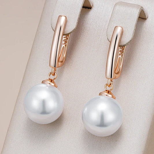Simple 10Mm 12Mm 16Mm Pearl Drop Earrings for Women Luxury 585 Rose Gold Color Bridal Daily Earrings Wedding Jewelry