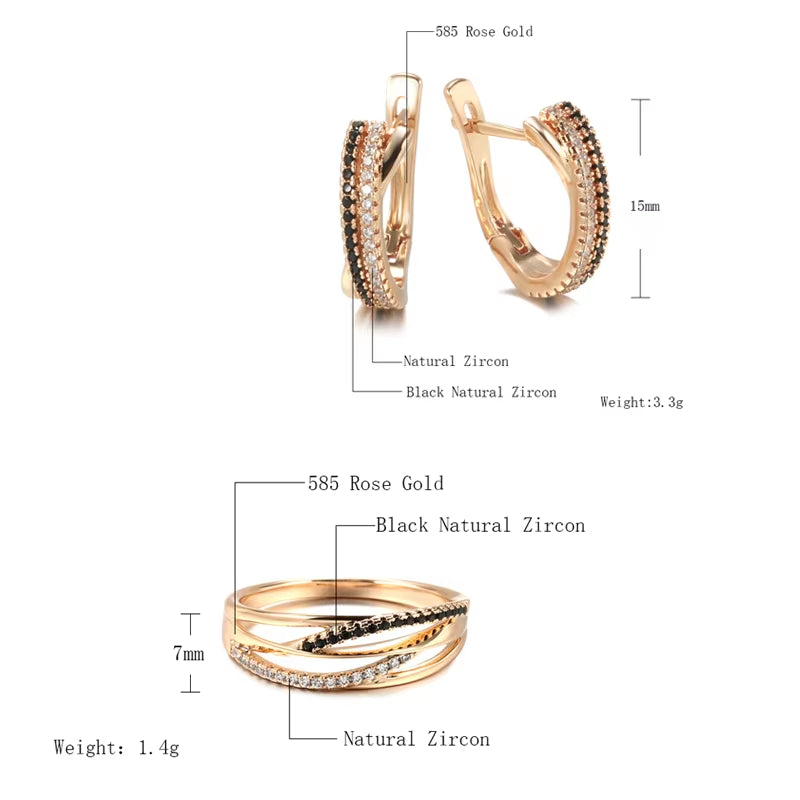 Elegant Black & White Sets 585 Rose Gold Ring Earrings Natural Zircon Cross Geometry Rings for Women Vintage Jewelry Sets