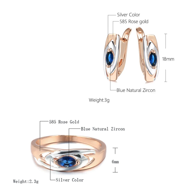 Luxury Blue Stone Earrings Ring Sets 585 Rose Gold Mixed Silver Natural Zircon Accessories Trendy Women Wedding Jewelry