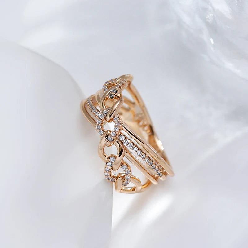 New 585 Rose Gold Color Natural Zircon Big Rings for Women Unique Cross Ring Fashion Modern Wedding Party Daily Jewelry