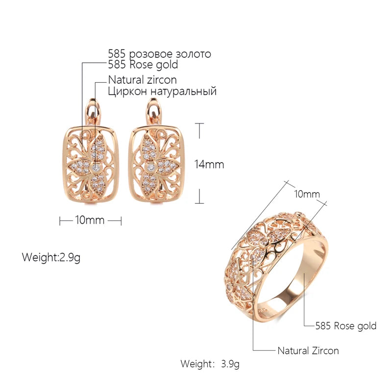 Three Petals Flower 585 Rose Gold Earrings Rings Sets for Women Natural Zircon Flower Ring Vintage Jewelry Sets 