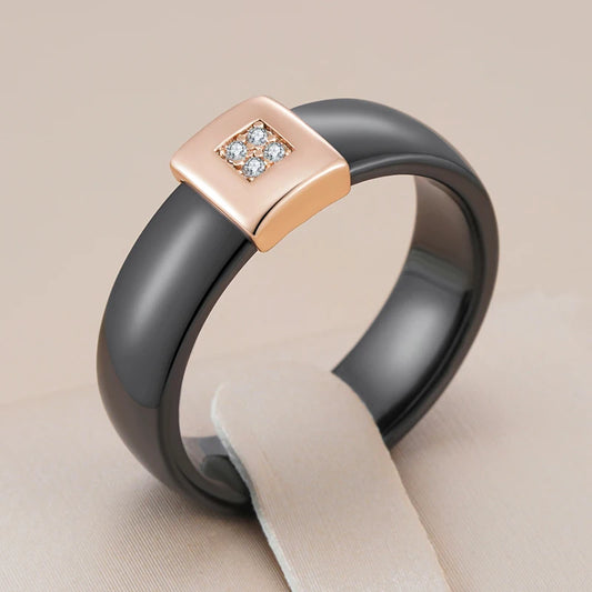 Black Beauty Ceramics Ring for Women Fashion 585 Rose Gold Color Natural Zircon Accessories High Quality Daily Fine Jewelry