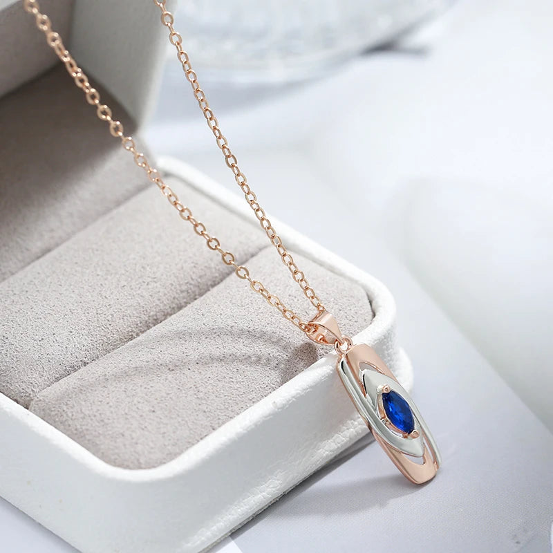 Luxury Blue Stone Pendant 585 Rose Gold Mixed White Gold Natural Zircon Pendant Necklace for Women Trendy Wedding Jewelry