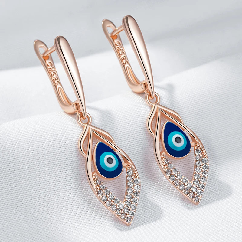 Blue Enamel Drop 585 Rose Gold Earrings for Women Girl Wedding Party Natural Zircon Eardrop Jewelry