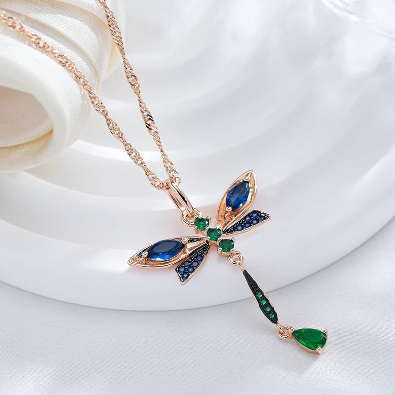 Dragonfly Pendant Necklace for Women 585 Rose Gold and Black Plating Vintage Daily Fine Jewelry