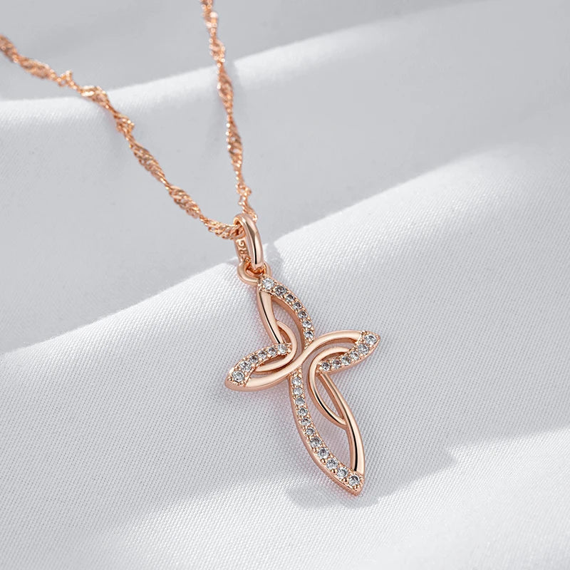 Luxury 585 Rose Gold Color Cross Pendant Necklace for Women Men Orthodox Charm Daily Fine Jewelry