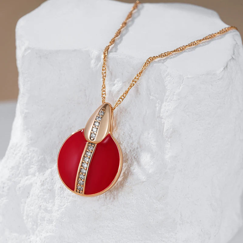 Hot Red Enamel Natural Zircon Pendant Necklace for Women Girl Simple 585 Rose Gold Color Party Daily Jewelry