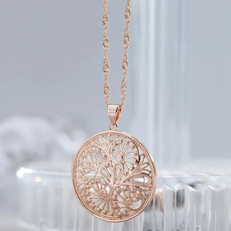 Round Flower Shape Pendant Necklace for Women Unusual Metal Flower 585 Rose Gold Color Big Pendant Fine Daily Jewelry