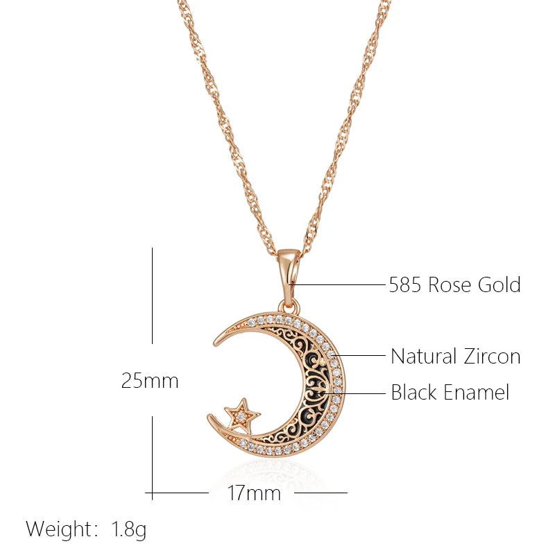 Moon lighting  Black Enamel  Pendant Necklace for Women 585 Rose Gold Color with Natural Zircon Fine Daily Ethnic Jewelry