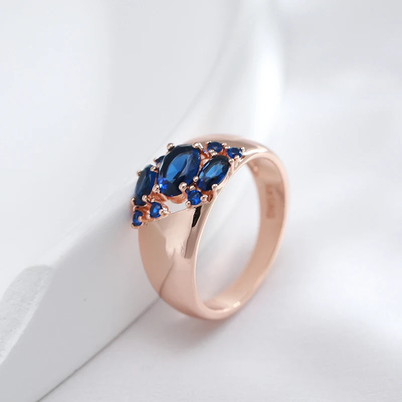 New Blue Natural Zircon Ring for Women 585 Rose Gold Wide Rings Vintage Ethnic Bride Wedding Jewelry Party Accessories