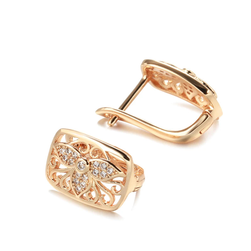 Three Petals Flower 585 Rose Gold Earrings Rings Sets for Women Natural Zircon Flower Ring Vintage Jewelry Sets 