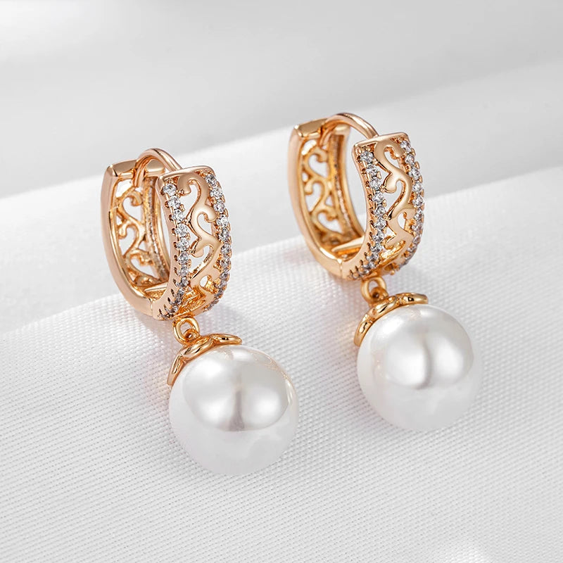 Luxury 585 Rose Gold Color Pearl Drop Earrings for Women Unique Hollow Pattern Natural Zircon Bridal Wedding Fine Jewelry