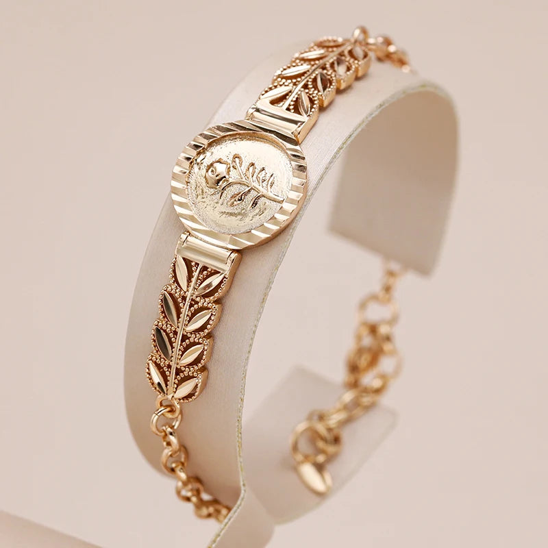 Elegance 585 Rose Gold Color Ethnic Flower Bracelet for Women Fashion Glossy Metal Fine Jewelry