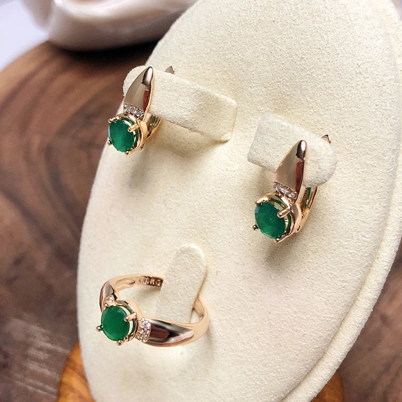 New Emerald Round Cut Natural Zircon Earrings Ring Sets for Women 585 Rose Gold Clip Earring Party Fashion Jewelry Sets