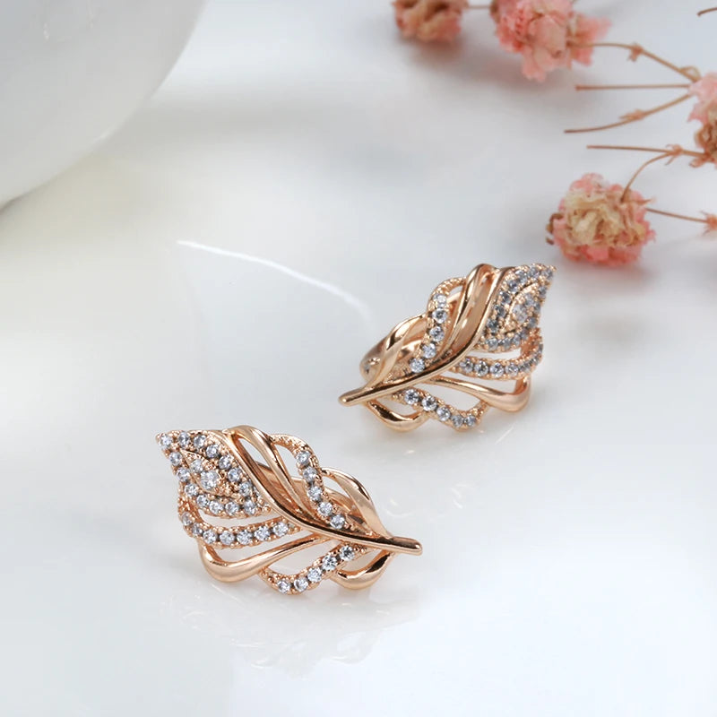 Vintage Sparkling Feathers 585 Rose Gold Women Earring Ring Sets Fashion Natural Zircon Flower Earring Ring  Fine Jewelry Set