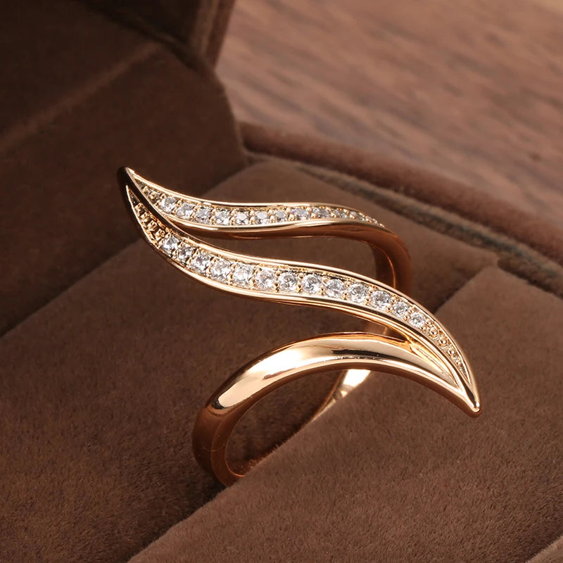 Fine Hyperbole Curve Ring Earrings Sets for Women Fashion 585 Rose Gold Jewelry Sets Unique Natural Zircon Earrings Ring
