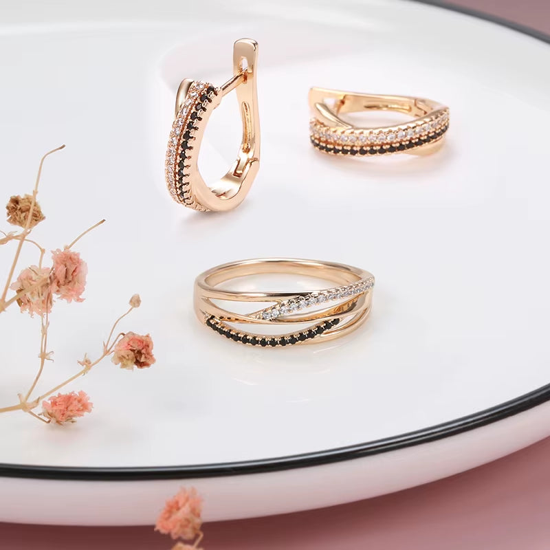 Elegant Black & White Sets 585 Rose Gold Ring Earrings Natural Zircon Cross Geometry Rings for Women Vintage Jewelry Sets
