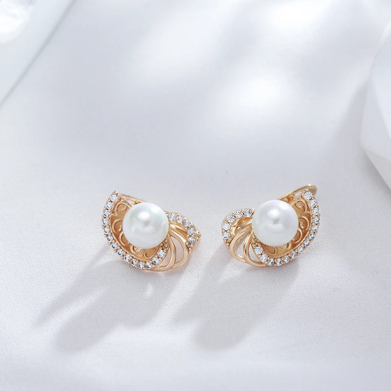 New round Pearl Dangle Earrings for Women 585 Rose Gold Color Flower Ethnic Bride Earrings Lovely Fashion Daily Jewelry