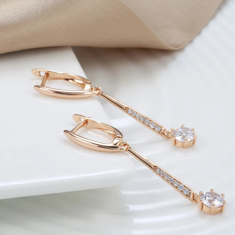 Diamond Shape 585 Rose Gold Women Long Earrings Ring Sets round White Natural Zircon Luxury Fine Gift Casual Fashion Jewelry Sets