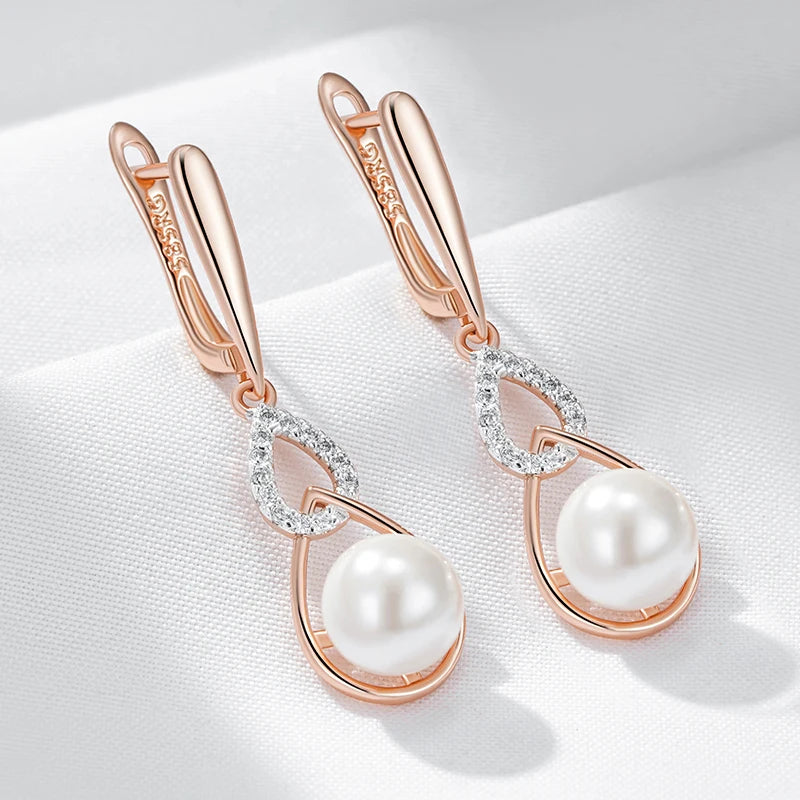 Simple 585 Rose Gold Color Drop English Earrings for Women Unique Geometric Pearl Earrings Bridal Wedding Jewelry 