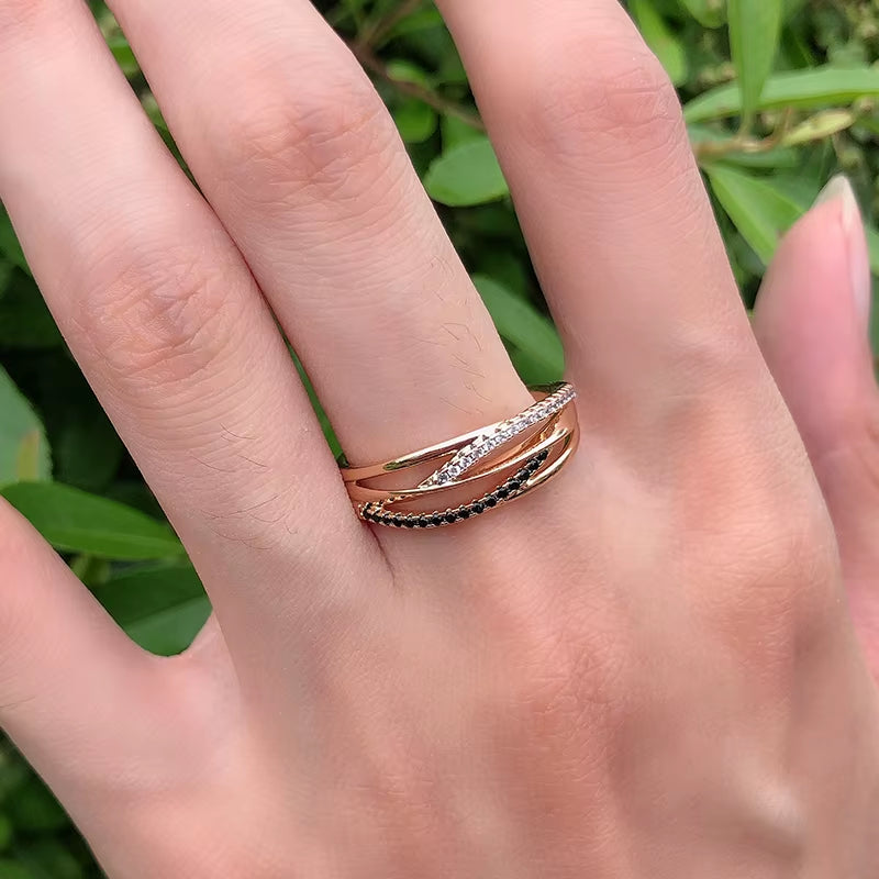 Elegant Black & White Sets 585 Rose Gold Ring Earrings Natural Zircon Cross Geometry Rings for Women Vintage Jewelry Sets