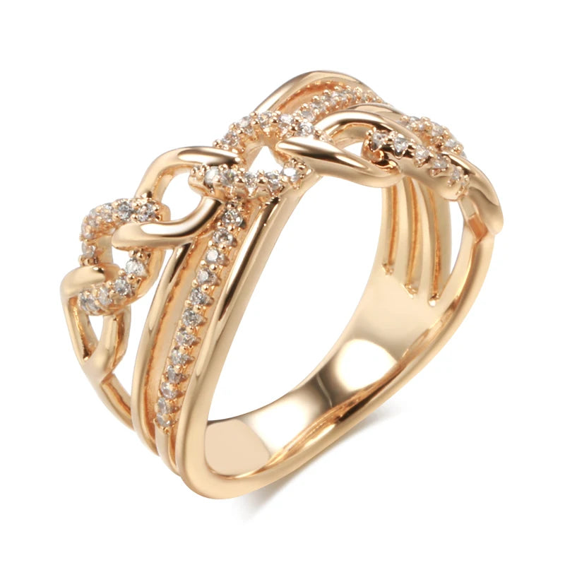 New 585 Rose Gold Color Natural Zircon Big Rings for Women Unique Cross Ring Fashion Modern Wedding Party Daily Jewelry