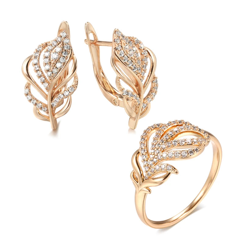 Vintage Sparkling Feathers 585 Rose Gold Women Earring Ring Sets Fashion Natural Zircon Flower Earring Ring  Fine Jewelry Set