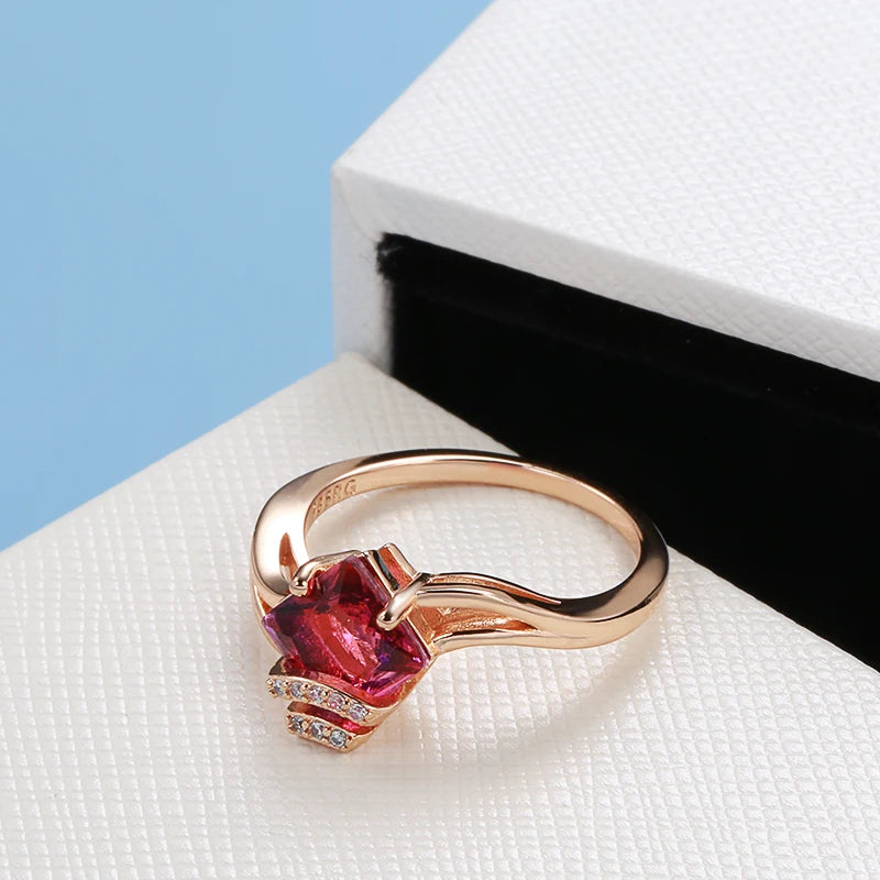 Square Red Natural Zircon Ring Earrings Sets 585 Rose Gold Dangle Earrings for Women Fashion Wedding Jewelry Sets