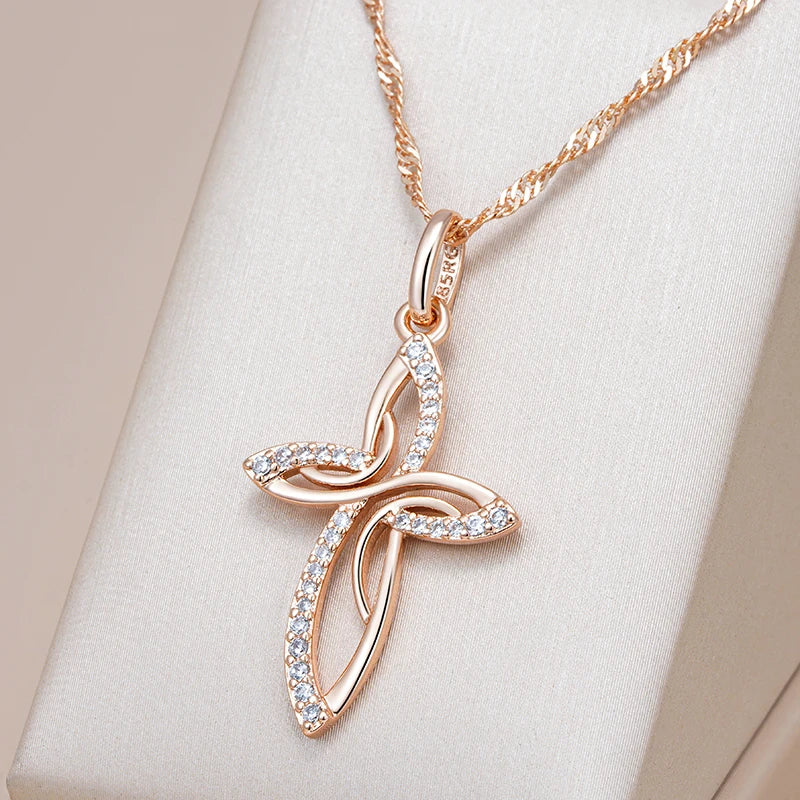 Luxury 585 Rose Gold Color Cross Pendant Necklace for Women Men Orthodox Charm Daily Fine Jewelry