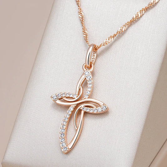 Luxury 585 Rose Gold Color Cross Pendant Necklace for Women Men Orthodox Charm Daily Fine Jewelry