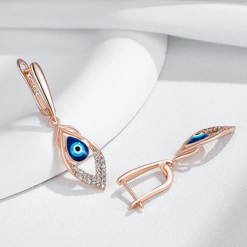 Blue Enamel Drop 585 Rose Gold Earrings for Women Girl Wedding Party Natural Zircon Eardrop Jewelry