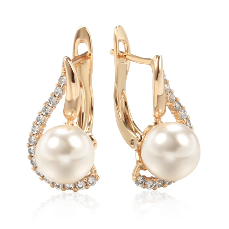 Luxury 585 Rose Gold Color English Earrings for Women Unique Geometric Pearl Earrings Bridal Wedding Jewelry 