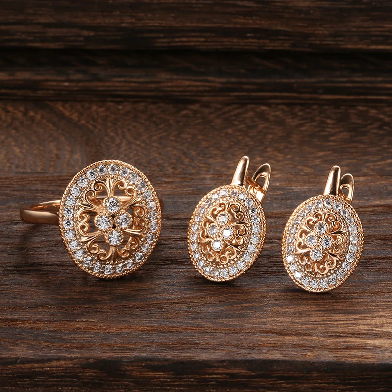 Ethnic Flower Sets 585 Rose Gold Necklace Earrings Ring Sets for Women Natural Zircon Jewelry 