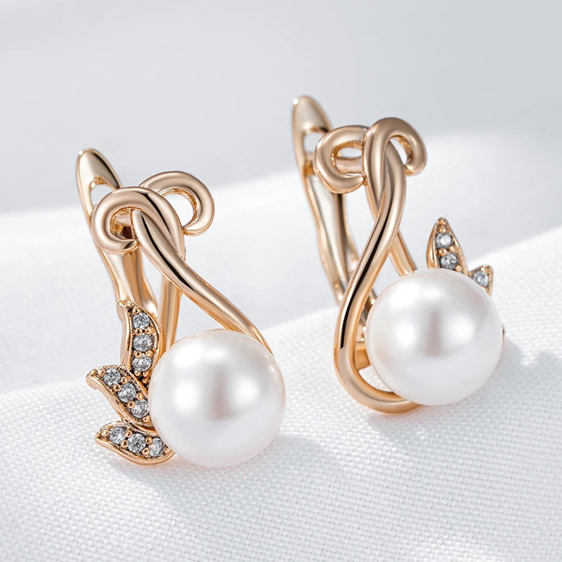 Luxury Crystal Flower Pearl Dangle Earrings for Women Trendy 585 Rose Gold Color with Natural Zircon Daily Fine Jewelry
