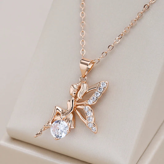 Angel Pendant Necklaces for Women 585 Rose Gold Color with Shiny Natural Zircon Pendant Daily Fine Jewelry