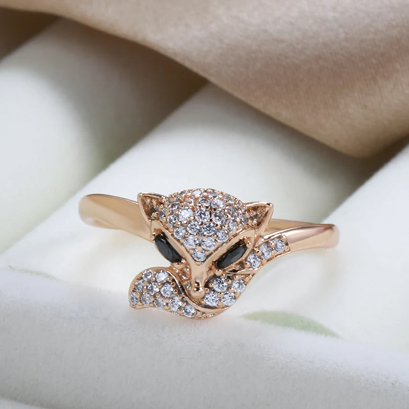 FOX Earrings Ring Sets for Women Fashion 585 Rose Gold Color Natural Zircon Accessories Animal Child Jewelry Sets
