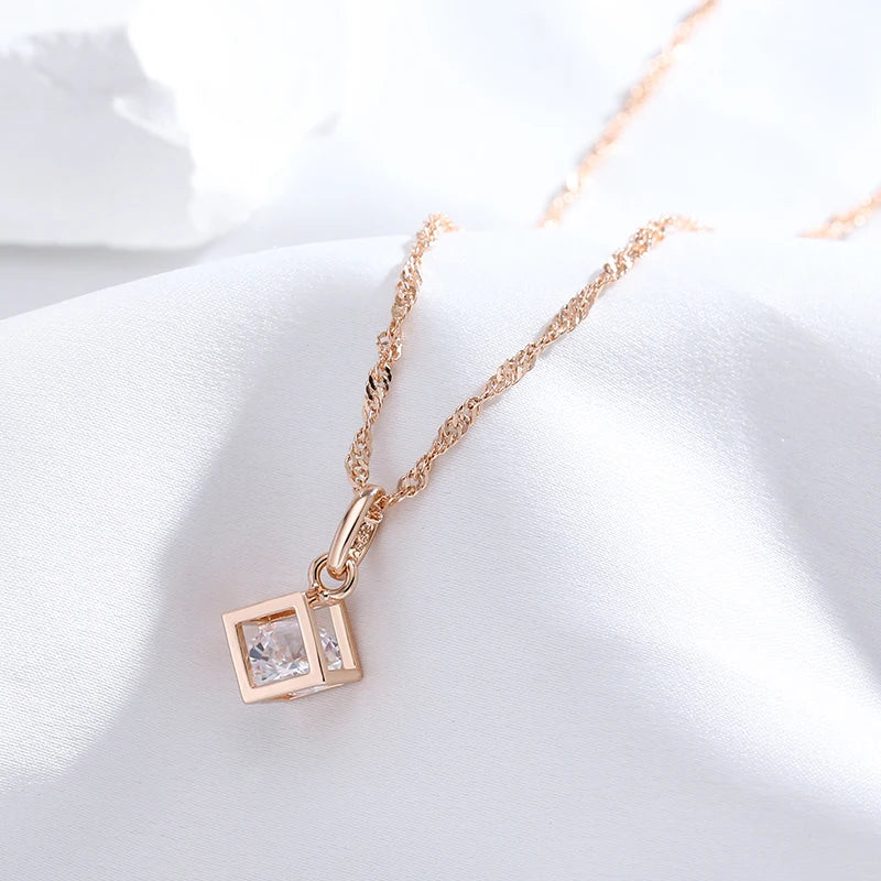 Rubix Square Pendant Necklace for Women 585 Rose Gold Color Natural Zircon Accessories Daily Fine Jewelry